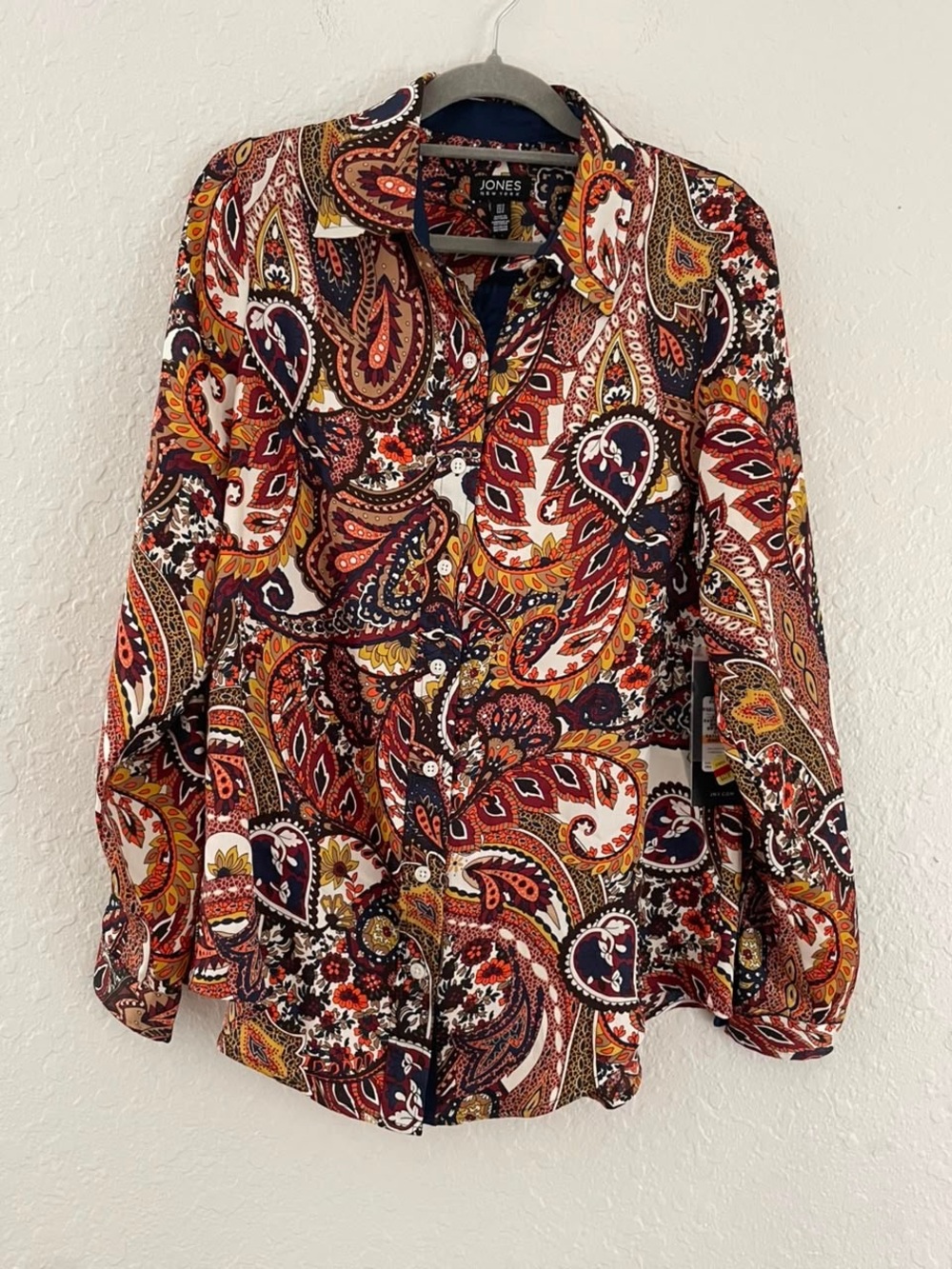 Jones New York Multicolor Paisley Button-Down Shirt — Red, Navy & Cream